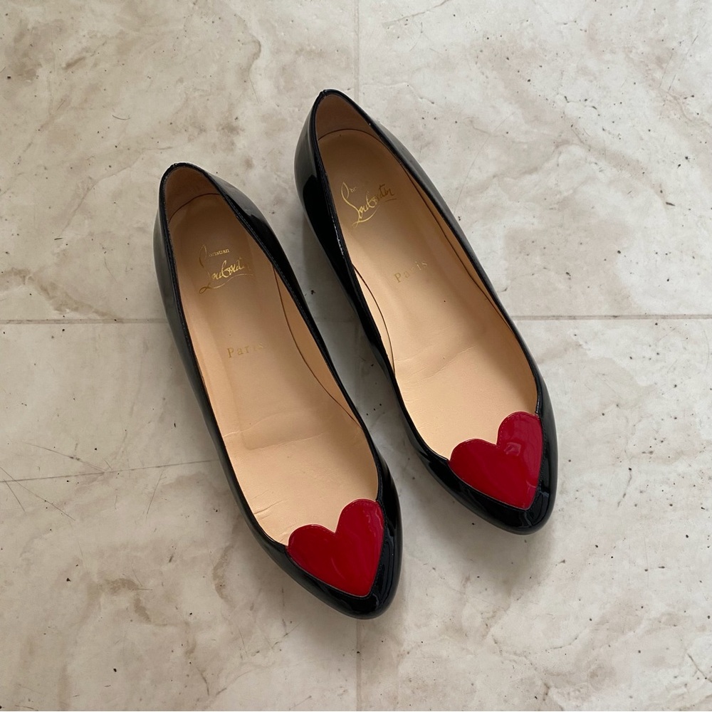 Christian Louboutin Corafront Heart Black Red Patent Leather Ballet Flats 8/38